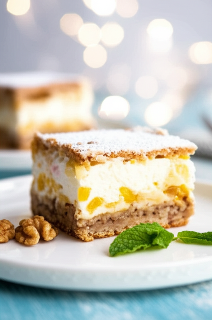 Powdered sugar-dusted walnut fruit square with a creamy filling and diced fruit, garnished with mint.