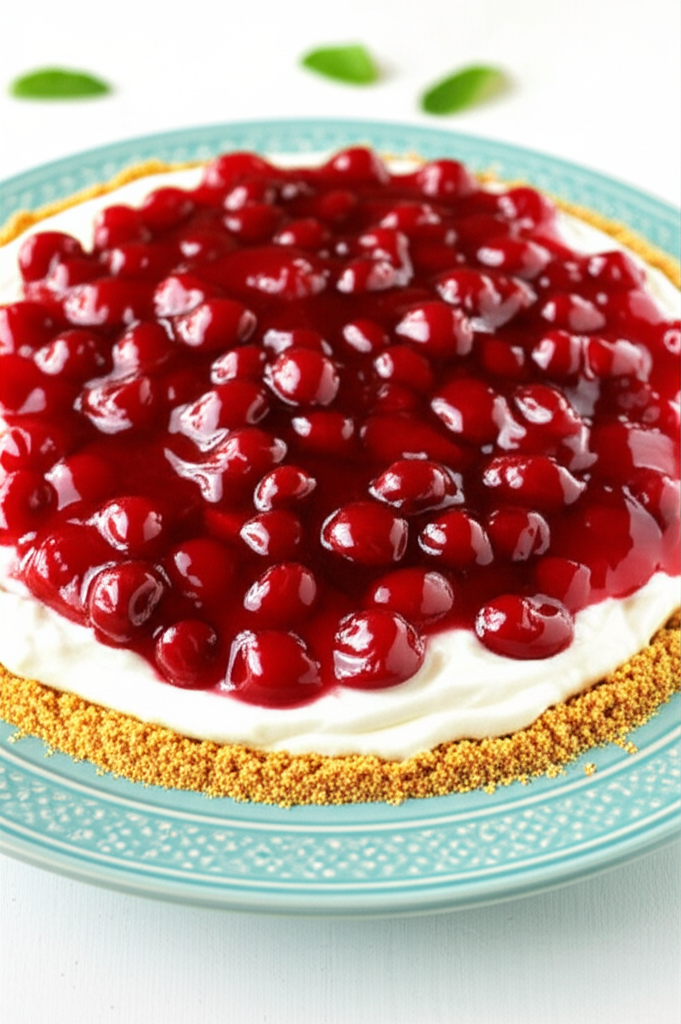 Cherry dessert on blue plate: graham cracker crust, creamy filling, and glazed cherries.
