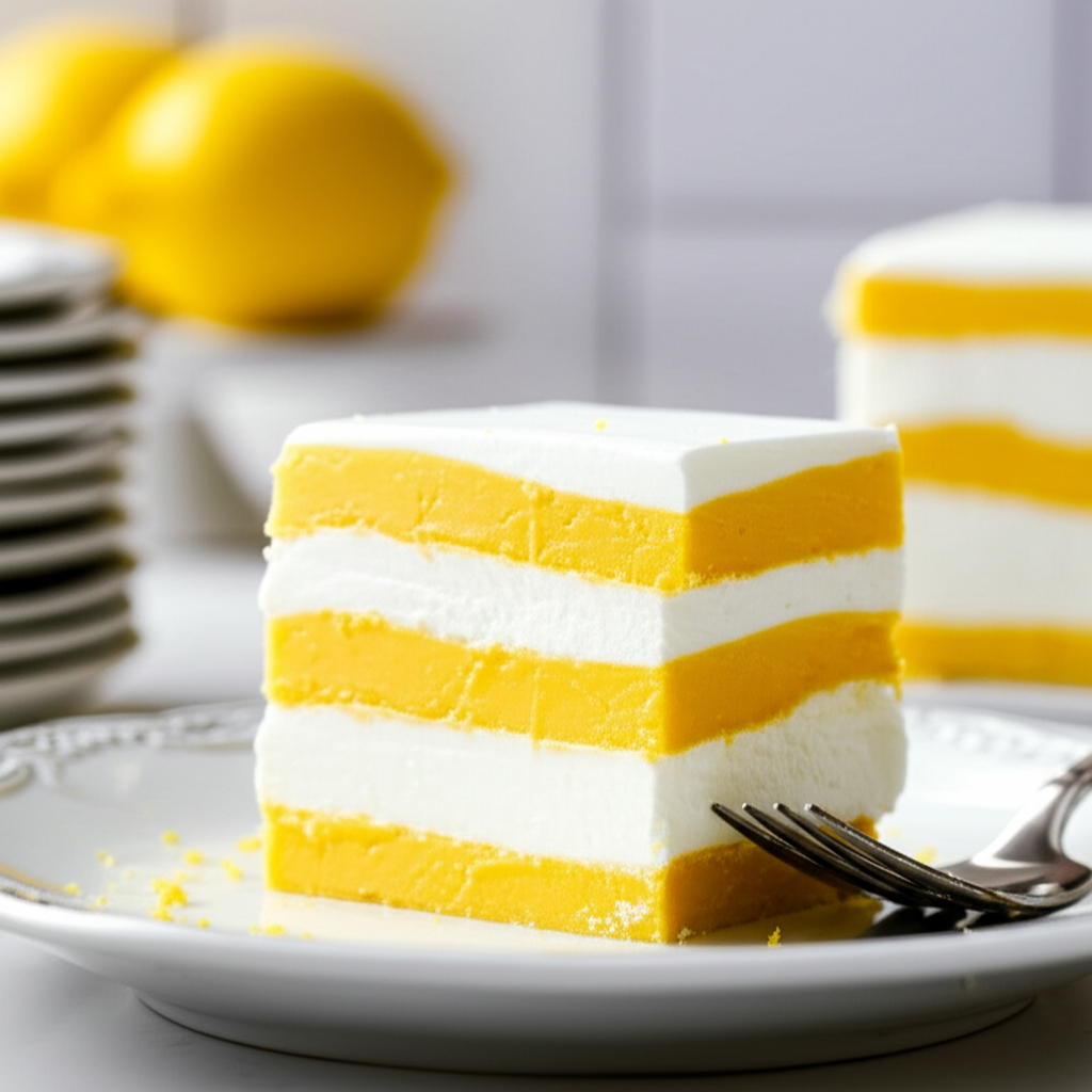 Layered lemon dessert: square slice with alternating yellow and white layers on a white plate with a fork.