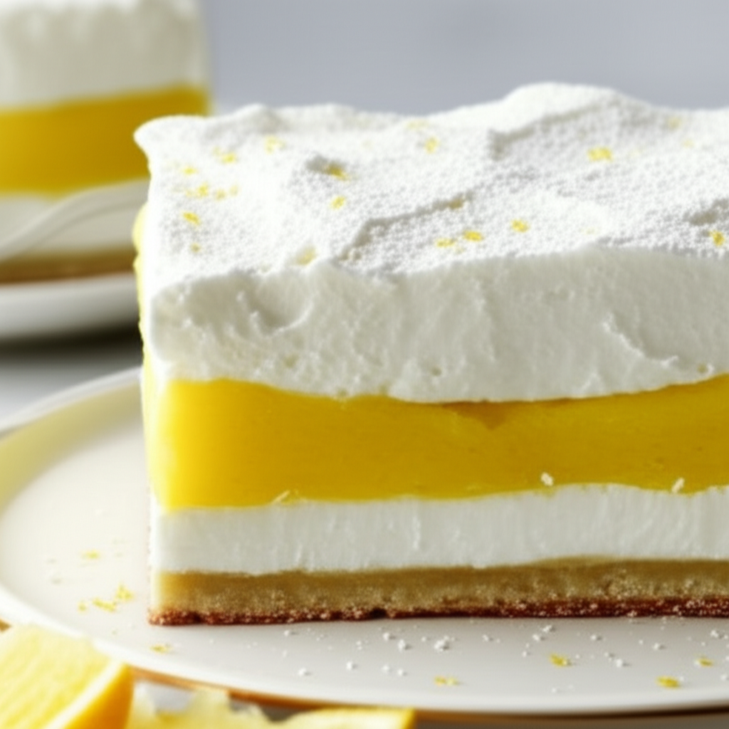 Layered lemon dessert: crust, white filling, lemon curd, whipped topping, dusted with lemon zest.