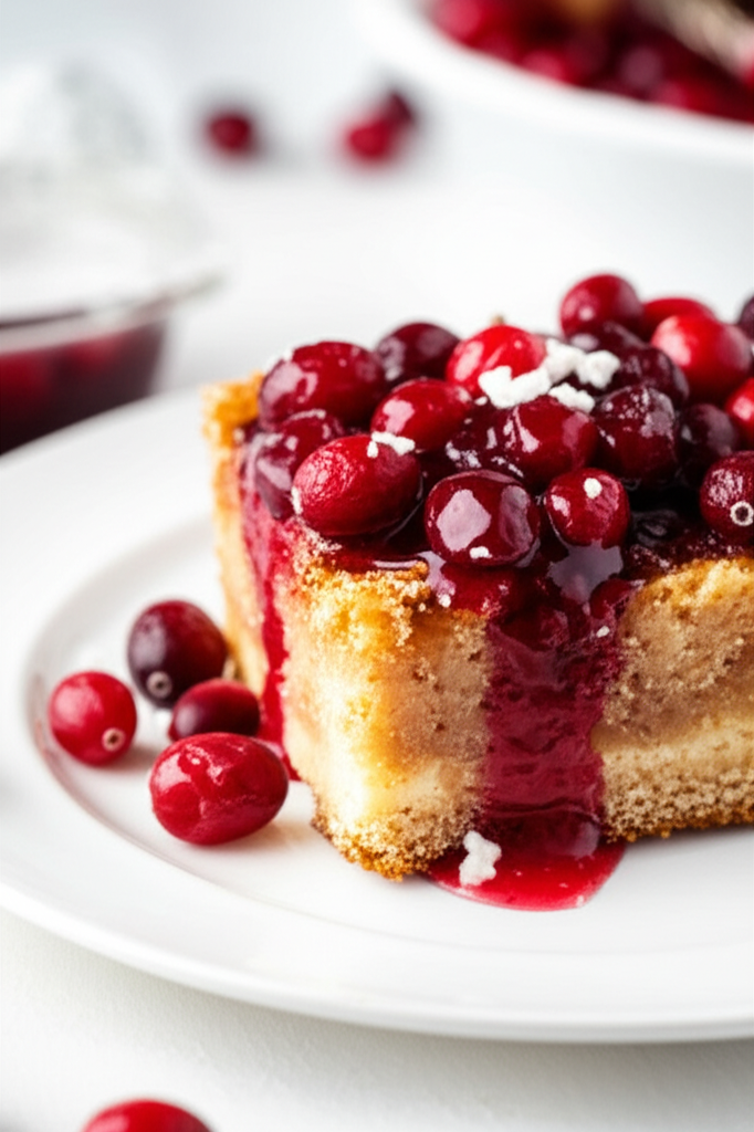 Slice of cranberry crunch cake on a white plate, topped with glossy cranberries and a drizzle of red sauce.