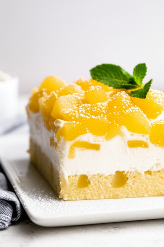 Slice of pineapple cream cake with powdered sugar and mint garnish on a white plate.