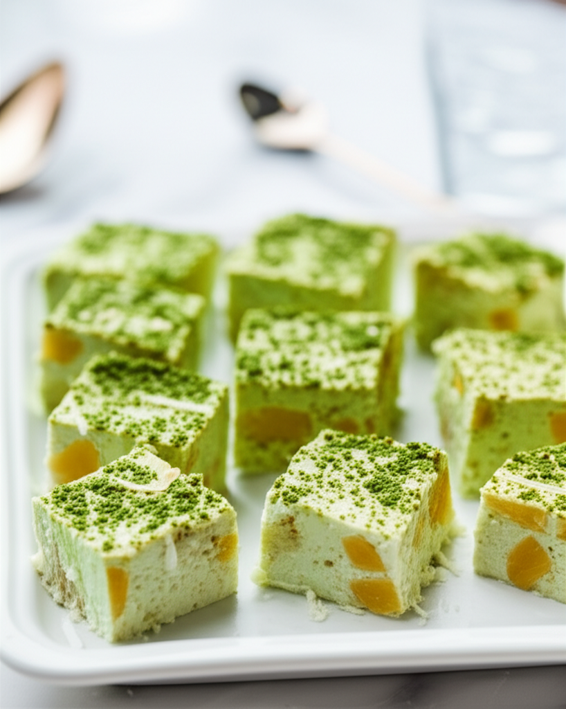 Matcha-dusted, pale green dessert squares with visible fruit pieces on a white serving platter.