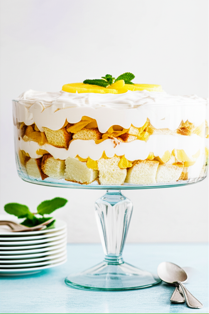 Layered pineapple trifle in glass bowl: angel food cake, whipped cream, pineapple slices, mint garnish.