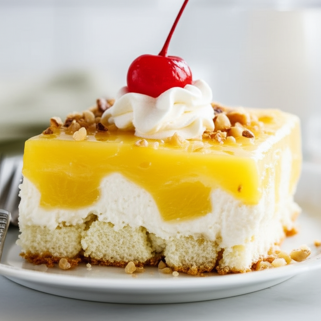 Slice of pineapple chiffon cake: angel food base, creamy filling, yellow glaze, chopped nuts, whipped cream, and cherry.