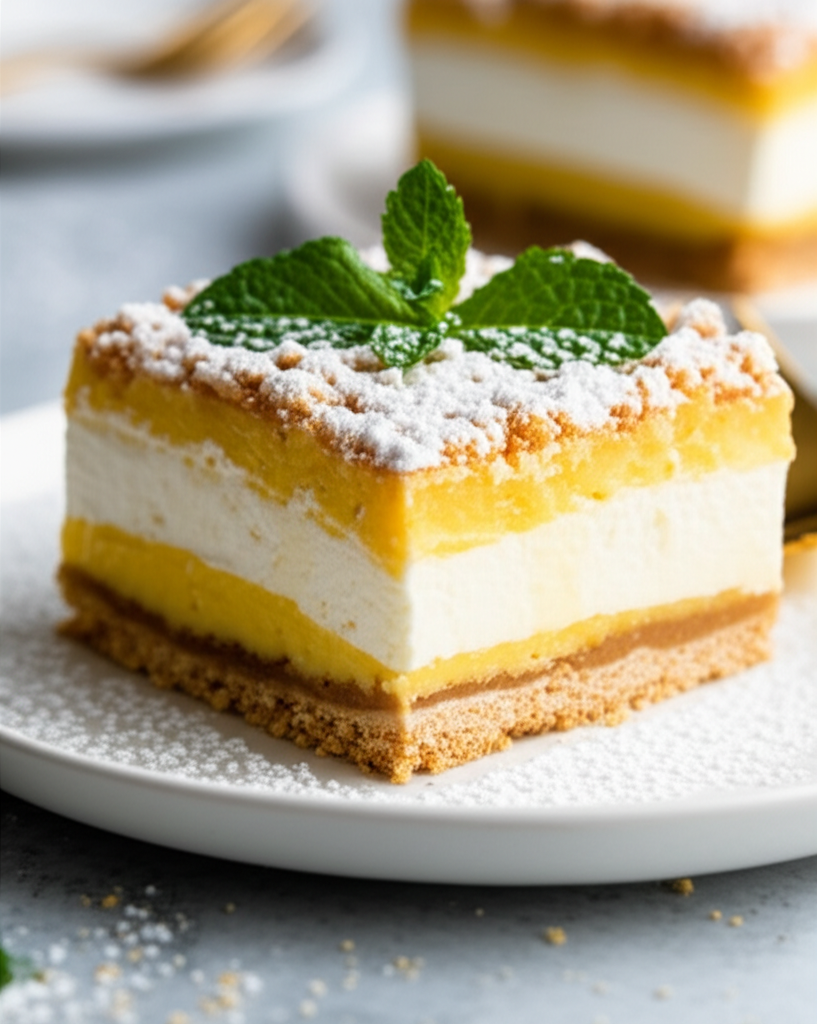 Layered pineapple dessert square on a white plate, topped with powdered sugar and mint.