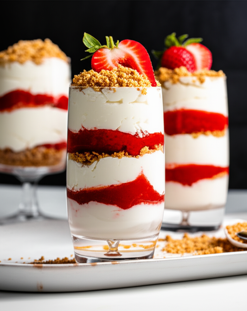 Layered strawberry dessert in glasses: creamy white filling, red strawberry sauce, graham cracker crumbs, topped with fresh strawberries.