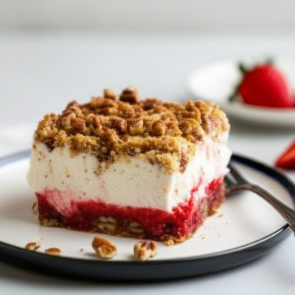 Layered strawberry dessert bar with a crumb topping on a white plate.