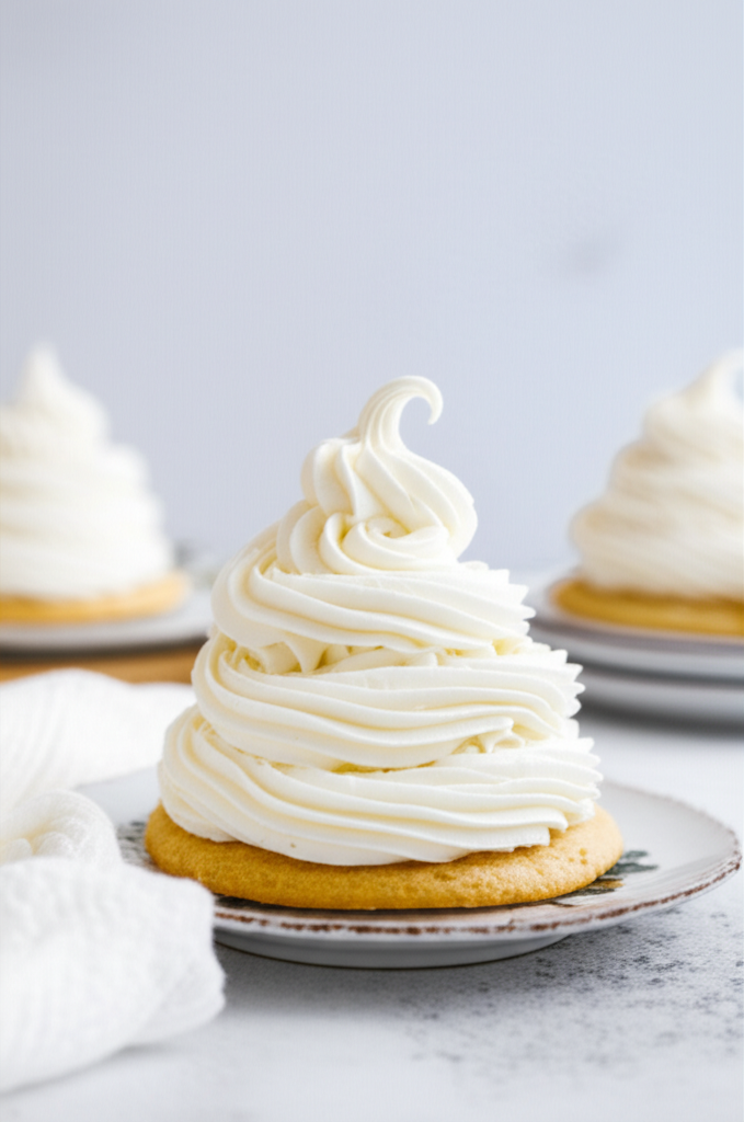 Cookie topped with a tall swirl of white icing on a patterned plate.