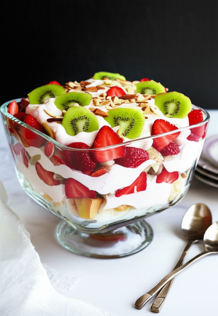 Layered strawberry trifle in glass bowl, topped with kiwi slices and almond slivers.
