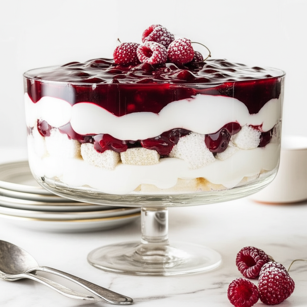Layered trifle in glass bowl: sponge cake, white cream, berry sauce, topped with sugared raspberries.