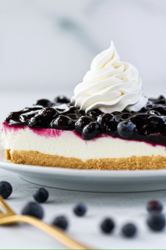Slice of blueberry torte with graham cracker crust, creamy filling, blueberry topping, and whipped cream swirl.