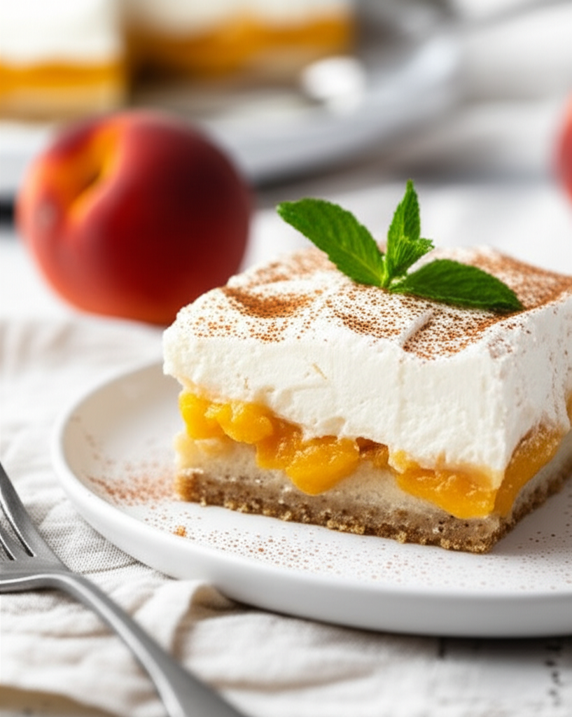 Peaches & Cream dessert bar: layered crust, peaches, and creamy topping, dusted with spice and garnished with mint.