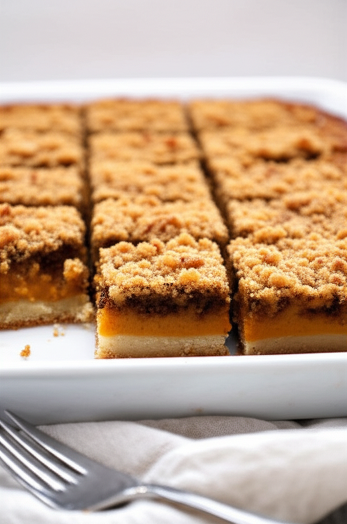 Baked pumpkin squares with crumb topping in a white dish, served with a fork.