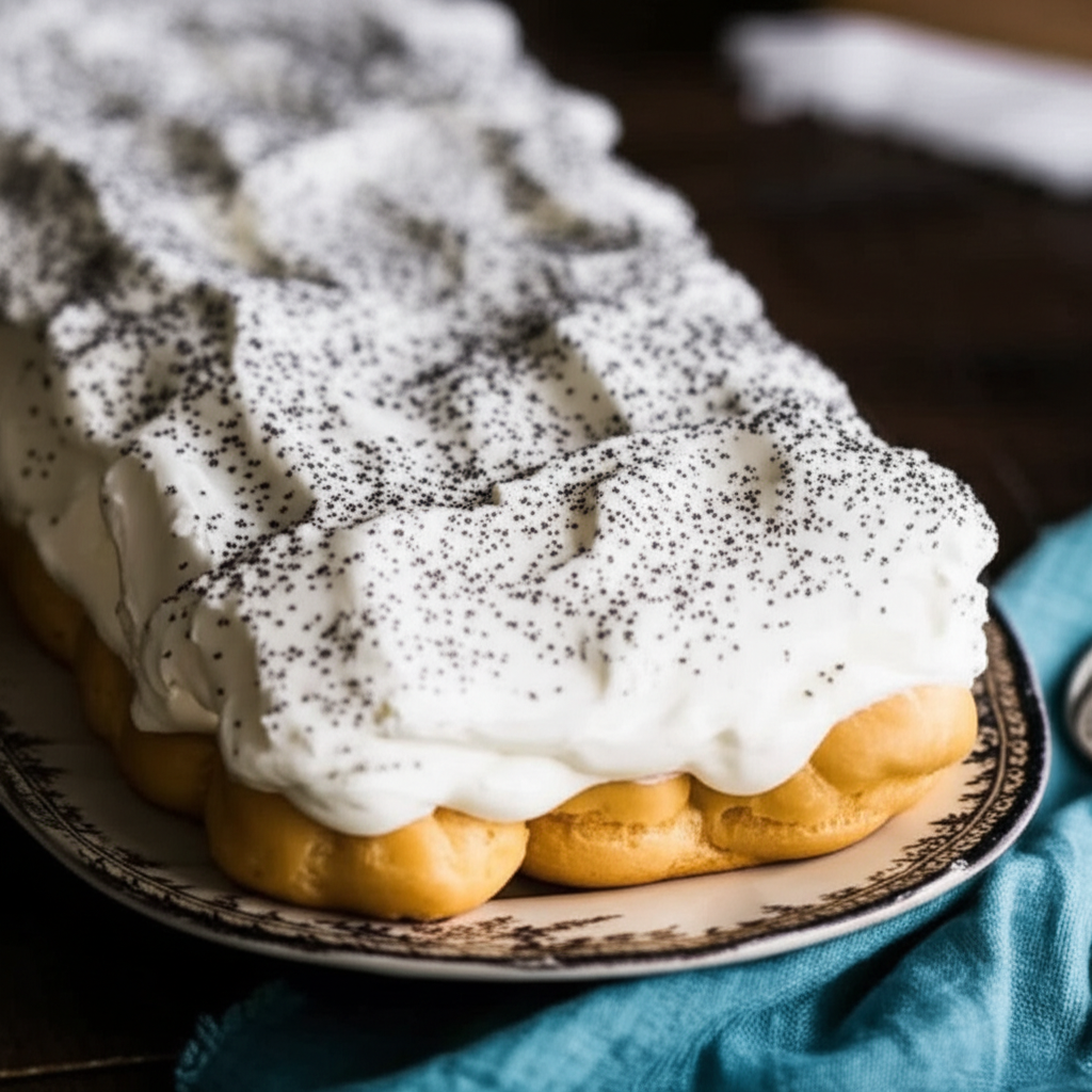 Eclair cake: Cream-filled pastry base topped with whipped cream and sprinkled with poppy seeds, served on a patterned plate.