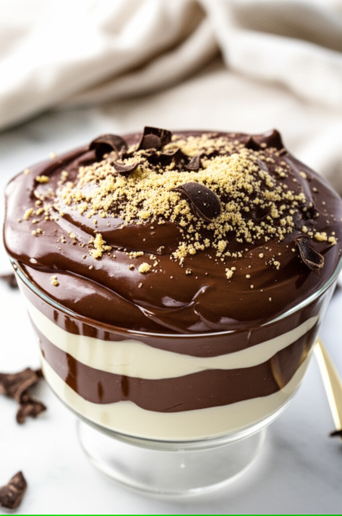 Layered chocolate mousse in glass bowl, topped with graham cracker crumbs and chocolate shavings.