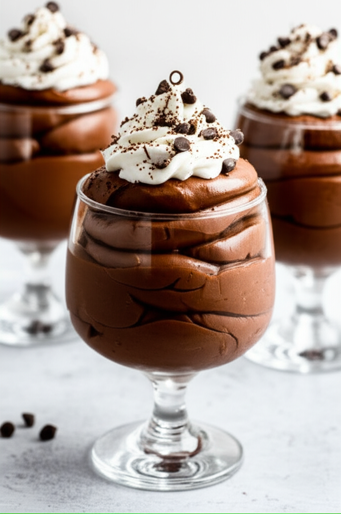 Chocolate mousse in stemmed glasses, topped with whipped cream and mini chocolate chips.