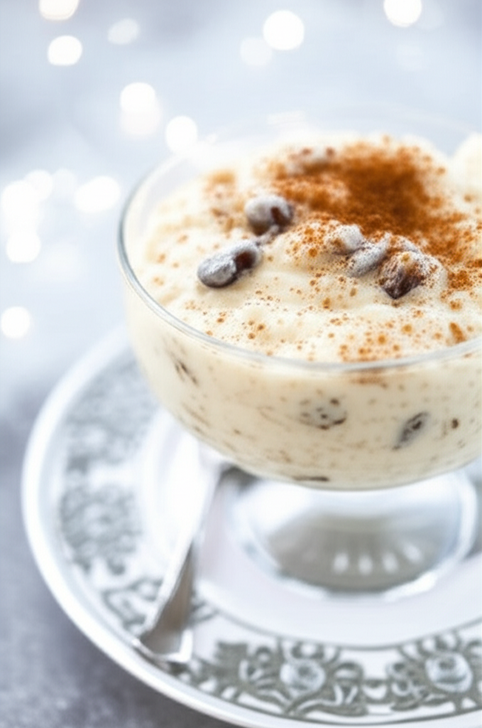 Creamy rice pudding with raisins, dusted with cinnamon, served in a glass dessert dish on a patterned plate.