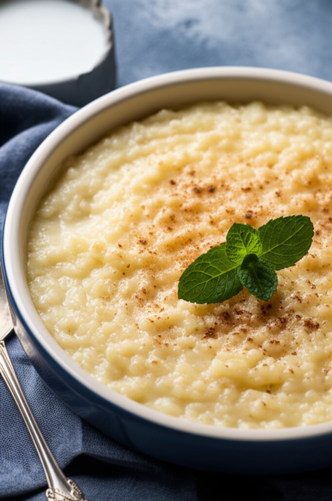 Baked rice pudding in blue dish, sprinkled with cinnamon and garnished with mint.