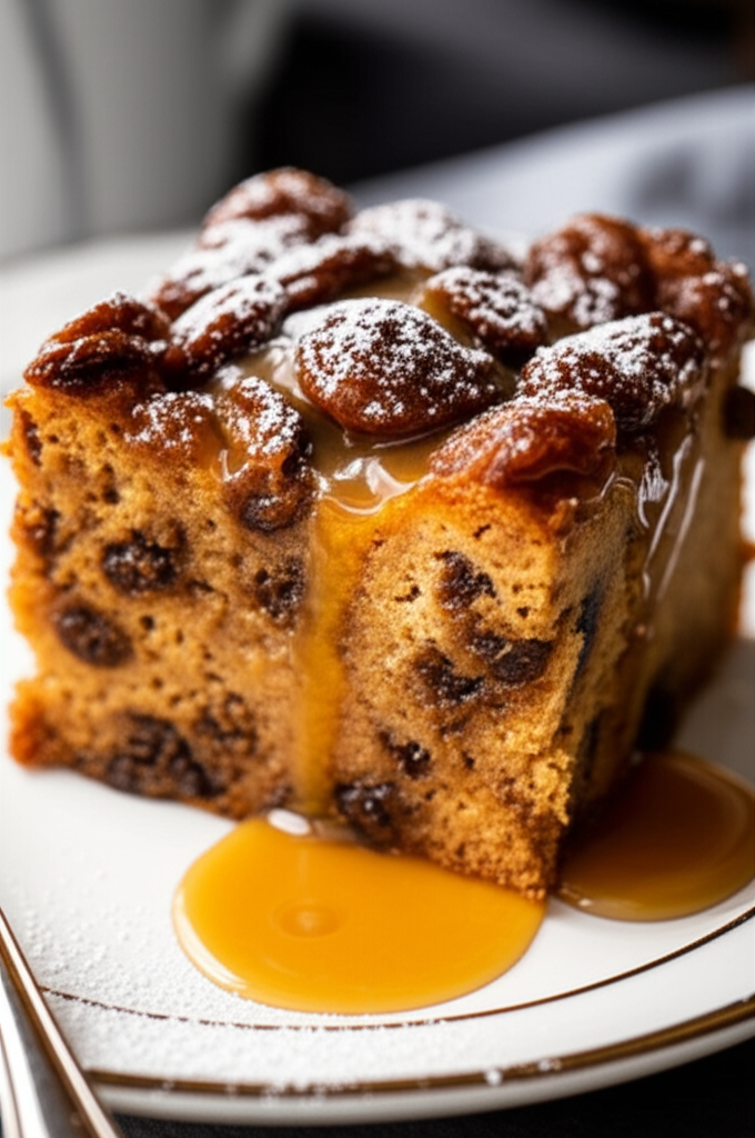 Slice of raisin bread pudding with caramel sauce and powdered sugar on top.