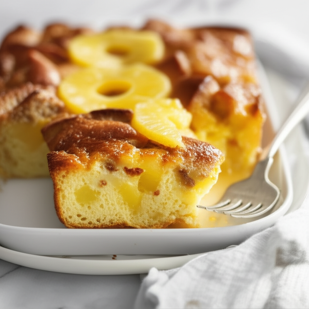 Baked pineapple bread pudding on a white plate, topped with pineapple rings and wedges.