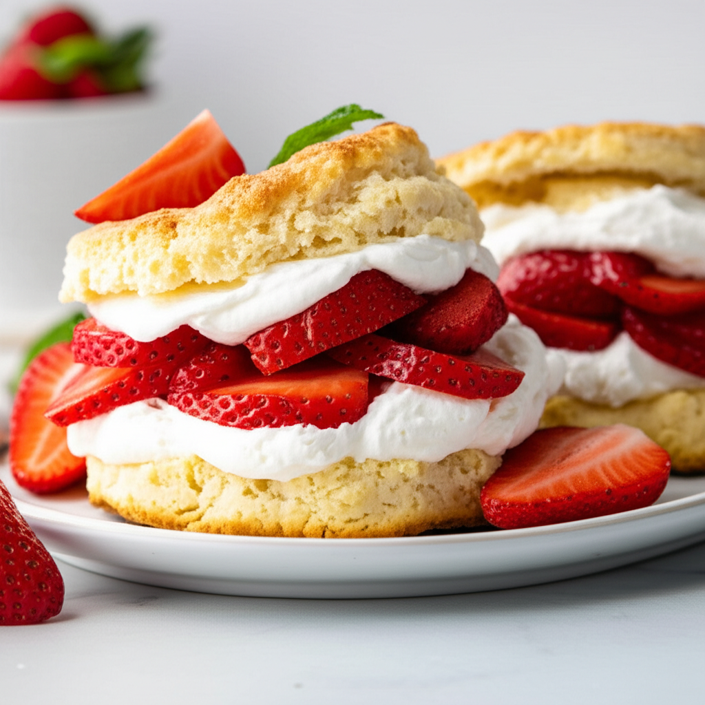 Strawberry shortcake: flaky biscuit layered with sliced strawberries and whipped cream, garnished with mint.