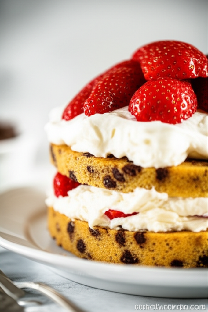 Two-layer strawberry chocolate chip shortcake with whipped cream and fresh strawberries on a white plate.