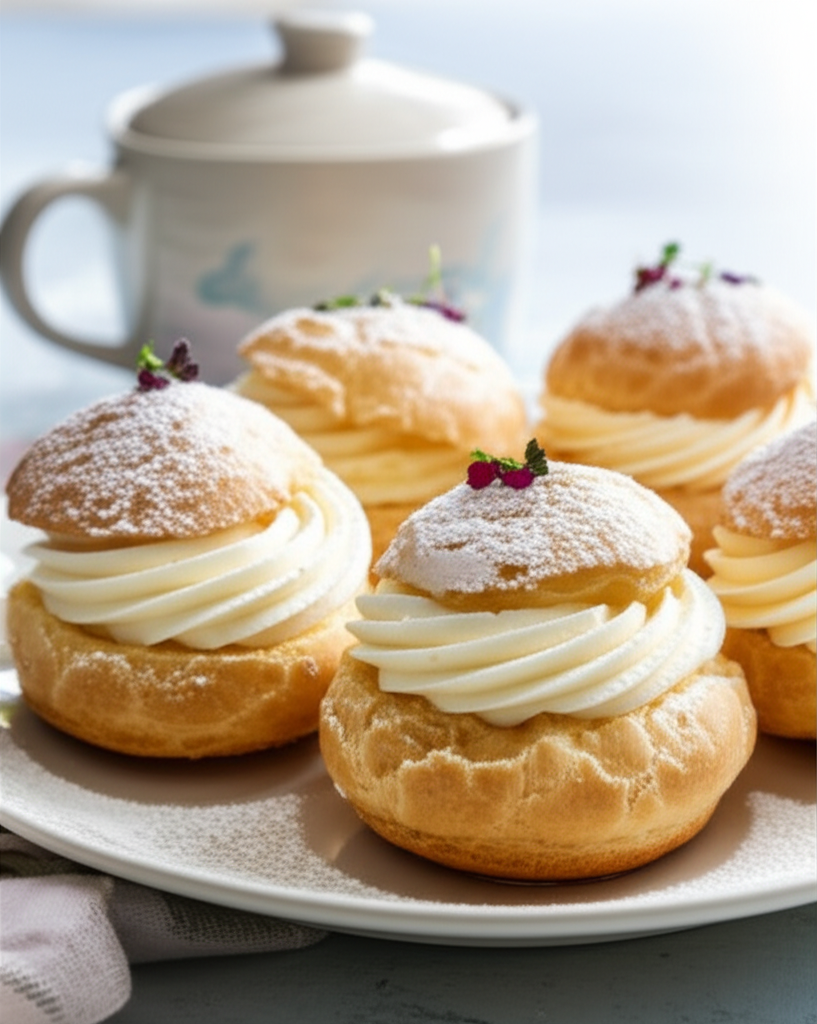 Cream puffs filled with piped cream, dusted with powdered sugar, and garnished with berries.
