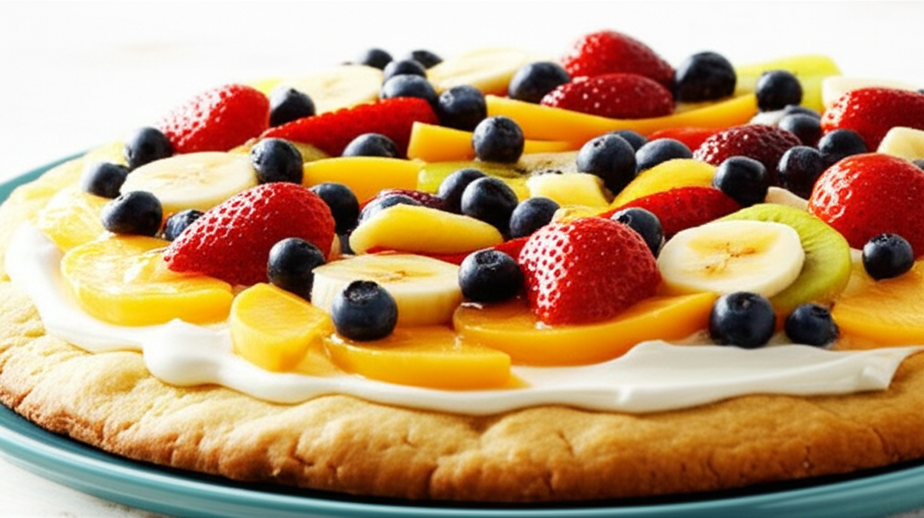 Baked fruit pizza with cream cheese frosting, topped with strawberries, blueberries, bananas, peaches, and kiwi.