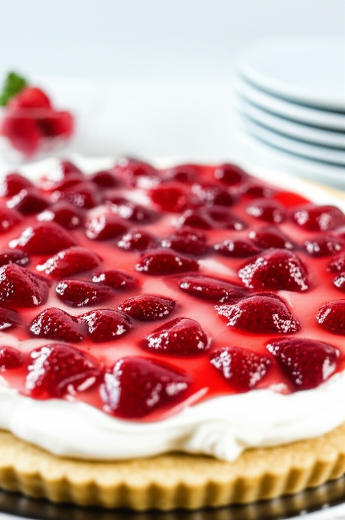 Strawberry pizza: Shortbread crust topped with cream cheese frosting and glazed strawberries.