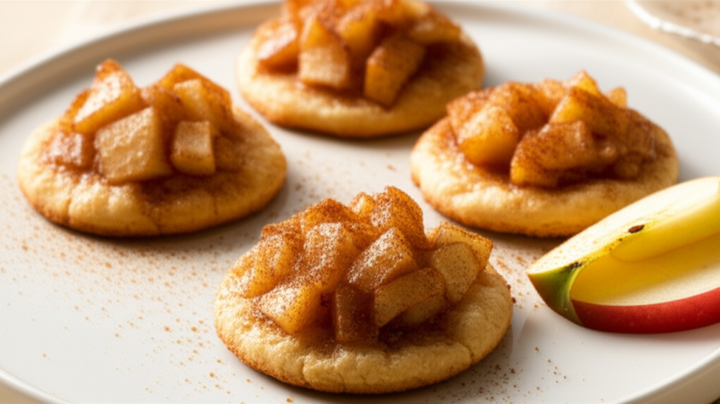 Mini apple pizzas on a white plate, featuring baked dough topped with cinnamon-spiced diced apples and a sliced apple garnish.