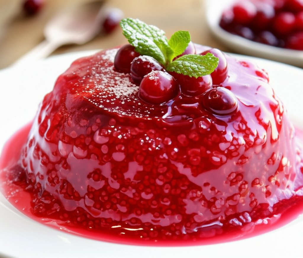 Bright red cranberry tapioca dessert on a white plate, garnished with fresh cranberries and mint.