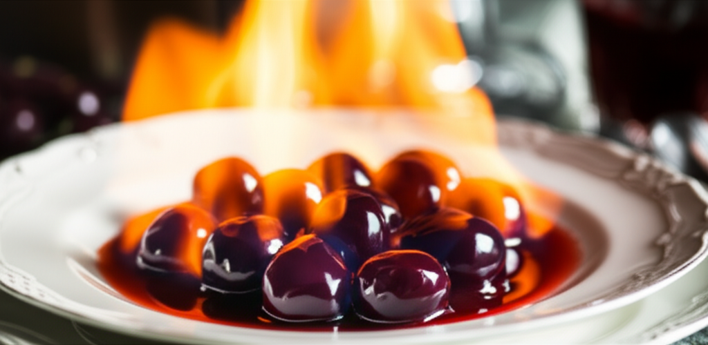 Flaming cherries jubilee: dark cherries in red sauce on a white plate, engulfed in flames.