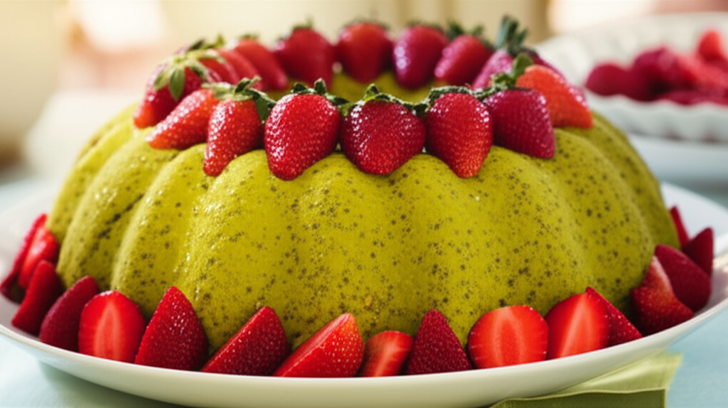 Molded pistachio Bavarian dessert, topped and garnished with fresh red strawberries on a white plate.