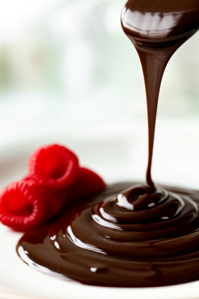 Shiny chocolate sauce being poured onto a plate with fresh raspberries.