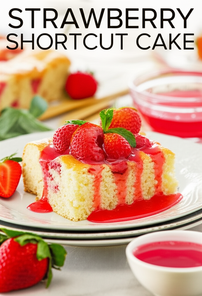 Slice of strawberry shortcake with strawberry sauce and fresh strawberries on a white plate.