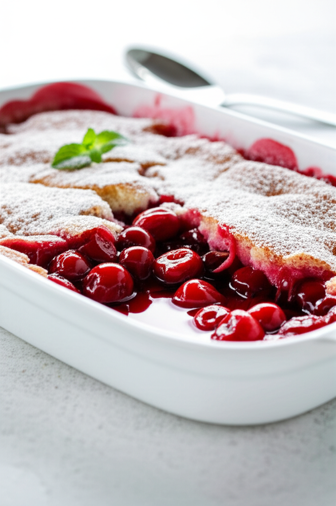 Baked cherry pudding in white dish, topped with powdered sugar and a mint sprig.