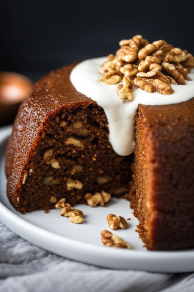Steamed pumpkin pudding with walnuts and white cream sauce on a white plate. A slice is cut.