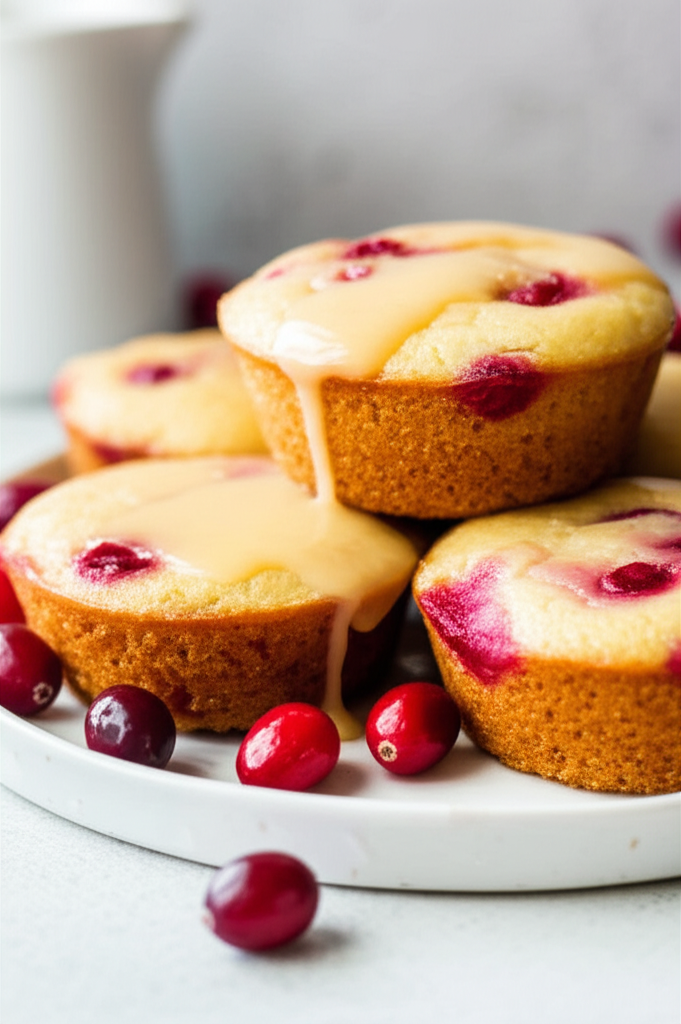 Stacked cranberry puddings with glaze on a white plate, garnished with fresh cranberries.