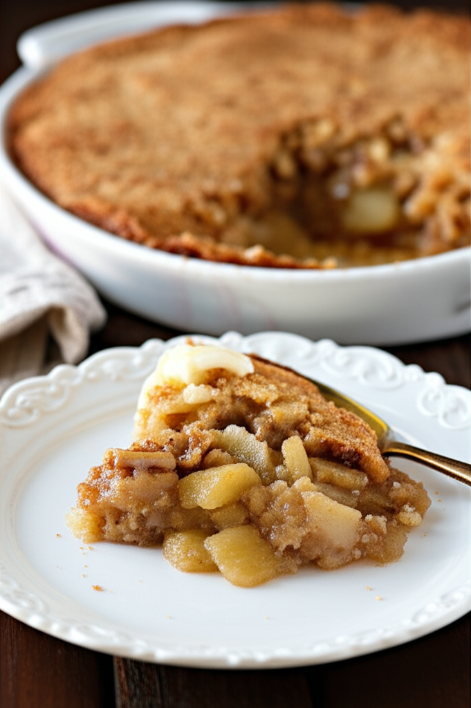 Apple pudding slice with golden crust, served on a white plate with a pat of butter. Baking dish in background.