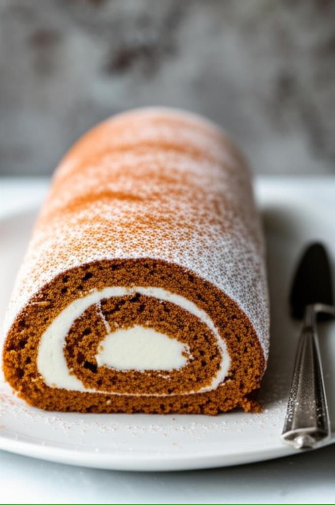 Pumpkin spice roll with cream cheese filling, dusted with powdered sugar, on a white plate.