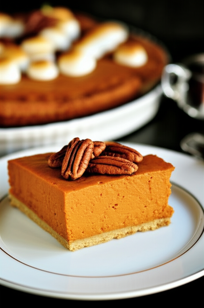 Slice of smooth pumpkin pie with pecans on a white plate. Whole pie with toasted marshmallow topping in background.