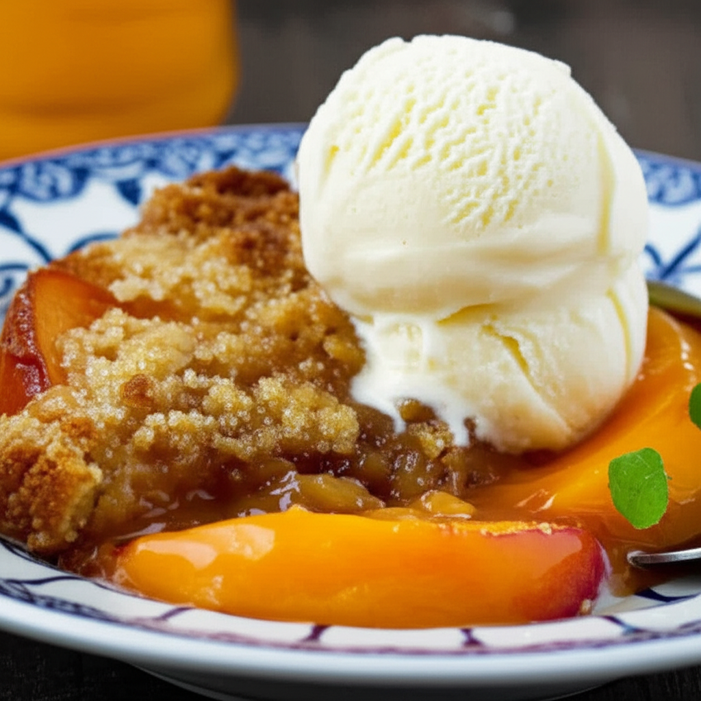 Peach slices with crumble topping, vanilla ice cream scoop, on a blue-patterned plate.