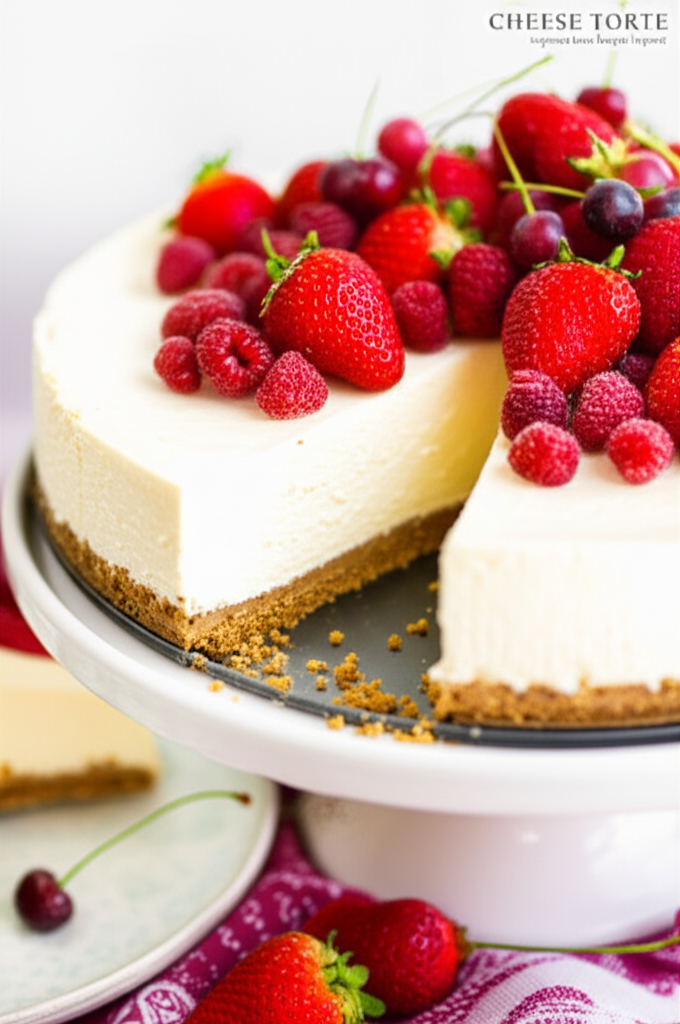 Cheese torte on stand, topped with fresh strawberries, raspberries, and cherries. Slice removed.