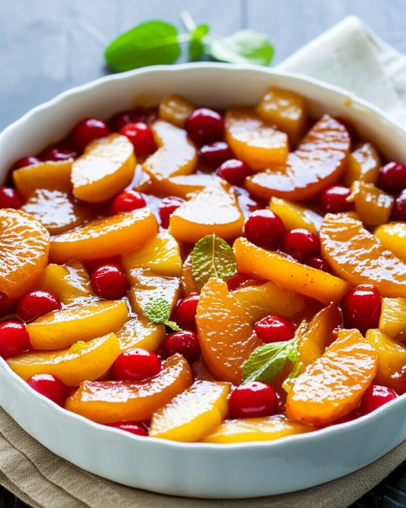 Baked fruit salad with peaches, cranberries, and mint in a white dish.