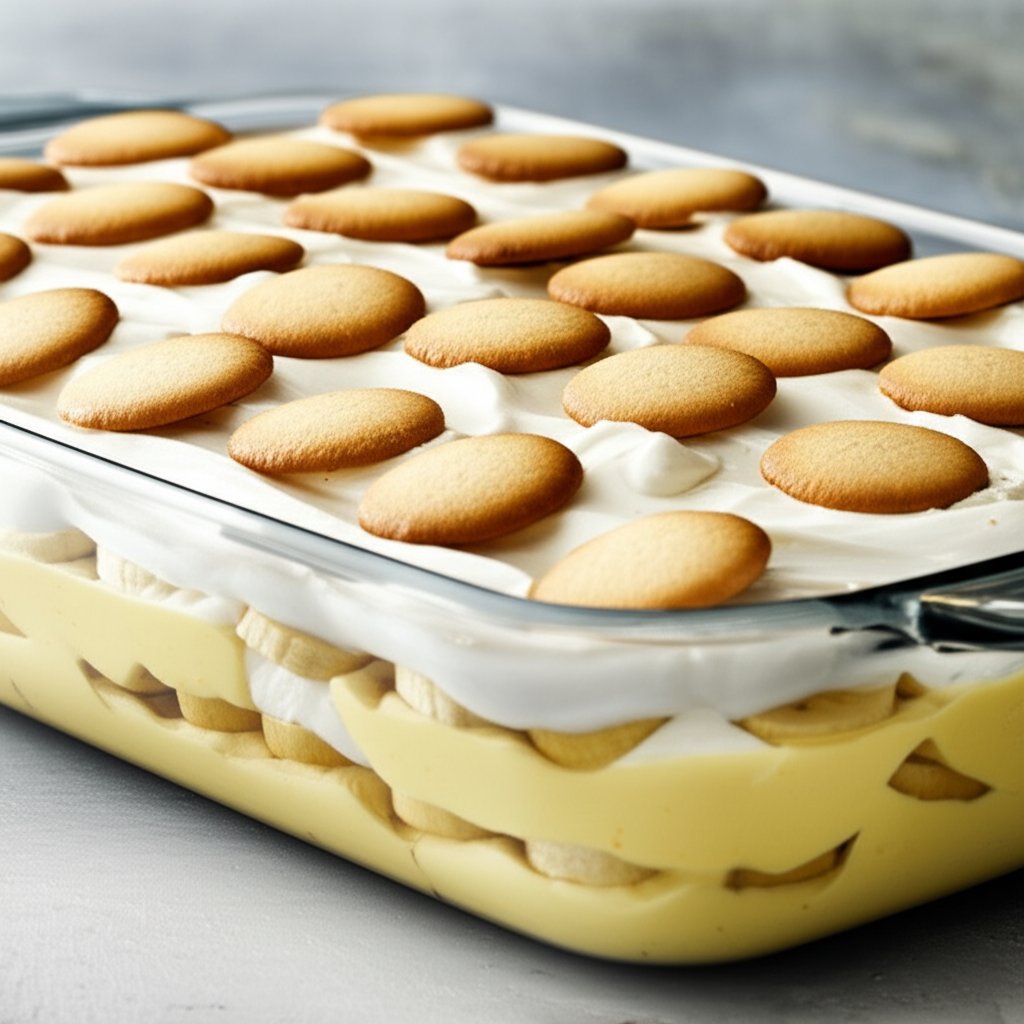 Banana pudding in glass dish: layers of vanilla pudding, bananas, whipped cream, and vanilla wafer cookies.