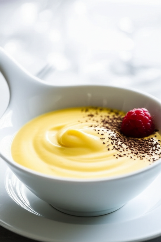 Smooth, light yellow sabayon sauce in a white bowl, topped with cocoa powder and a single raspberry.