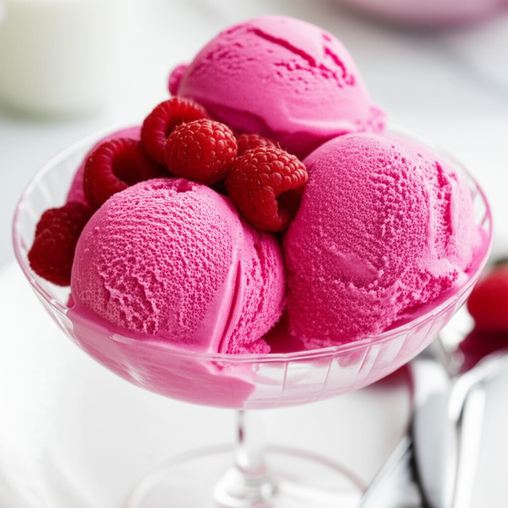 Bright pink raspberry ice cream scoops in a glass dish, topped with fresh raspberries.