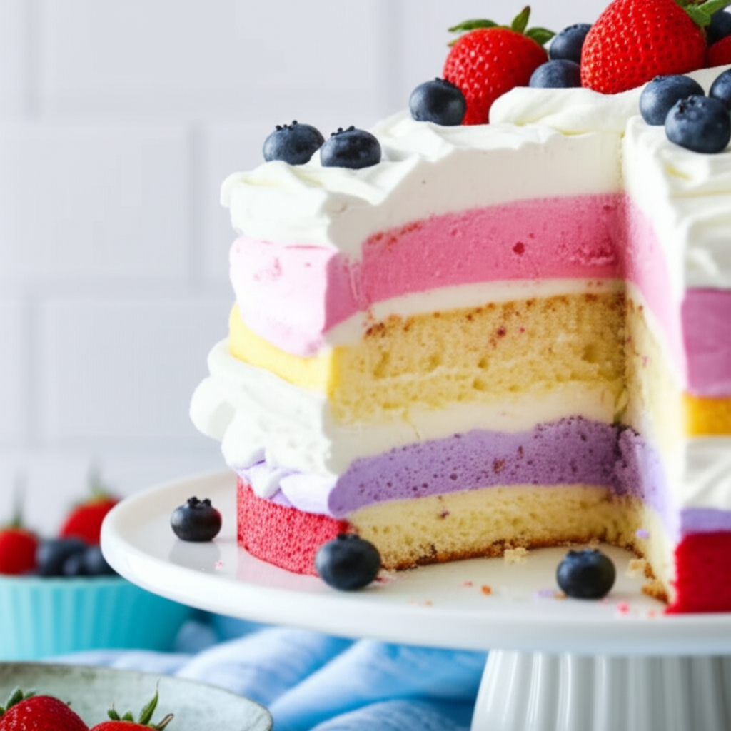 Layered ice cream cake with a slice cut, topped with whipped cream, strawberries, and blueberries.