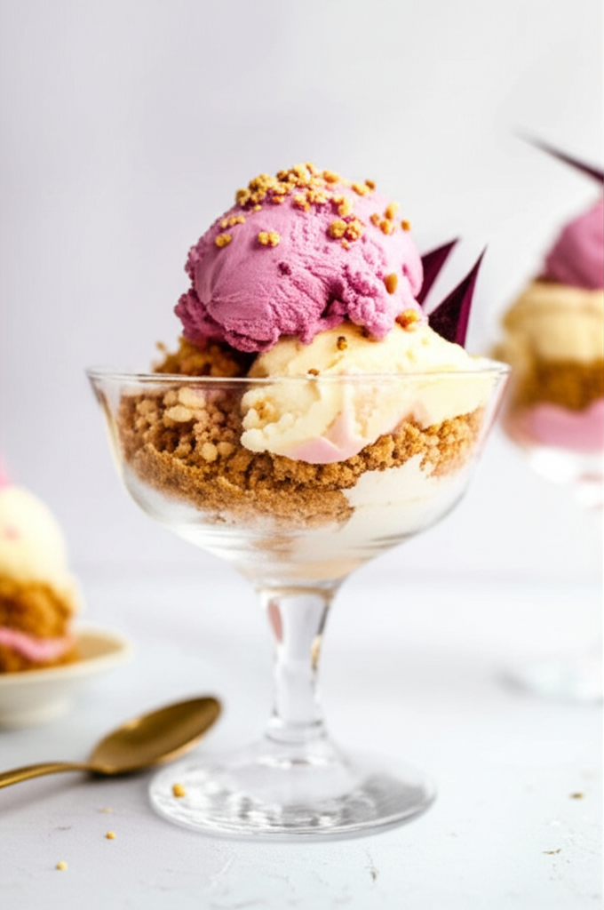 Ice cream sundae in glass: pink scoop with crumble topping over vanilla ice cream and graham cracker crust.
